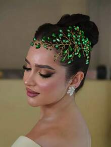 1pc Handmade Green Rhinestone Elegant Style Hairband, Personalized Bridal Headpiece Gift For Women, Halloween Hair Accessory - Green - View 12