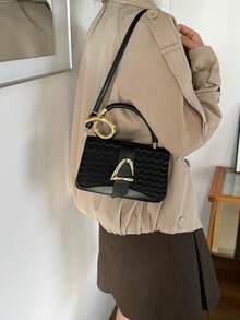 2026Ladies Wave Embossed PU Leather Small Handbag, Top Handle Crossbody Bag, Elegant Shoulder Purse For Dating Party Daily Use - Black - View 8