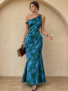 Women's Summer Knot Asymmetrical Off-Shoulder Mermaid Set, Casual Vacation Daily Wear - Multicolor - View 1