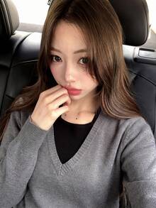 Women's Slouchy Soft V-Neck Patchwork Gray 2 In 1 Knit Sweater, Autumn/Winter College Style Elegant Design Knit Top - Grey - View 1