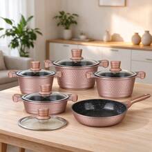 11PCS Rose Gold Diamond Embossed Die-Cast Aluminum Non-Stick Cookware Set With Glass Lids, Induction Compatible Kitchen Cooking Pots And Pans Gift Set - View 3