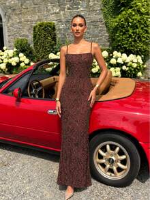 UNITHORSE [Random Cut]Women's Elegant Spaghetti Strap Waist-Cinching Backless Formal Evening Gown Dress - Coffee Brown - View 5