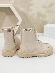 1 Pair Kids' Short Boots, Soft PU + Gold Eyelet Decor, Round Toe Thick Sole Anti-Slip, Inner Zipper Design, Vintage British Cargo Style Style Ankle Boots, Suitable For Boys And Girls Students Daily Campus And Outings - Apricot - View 5