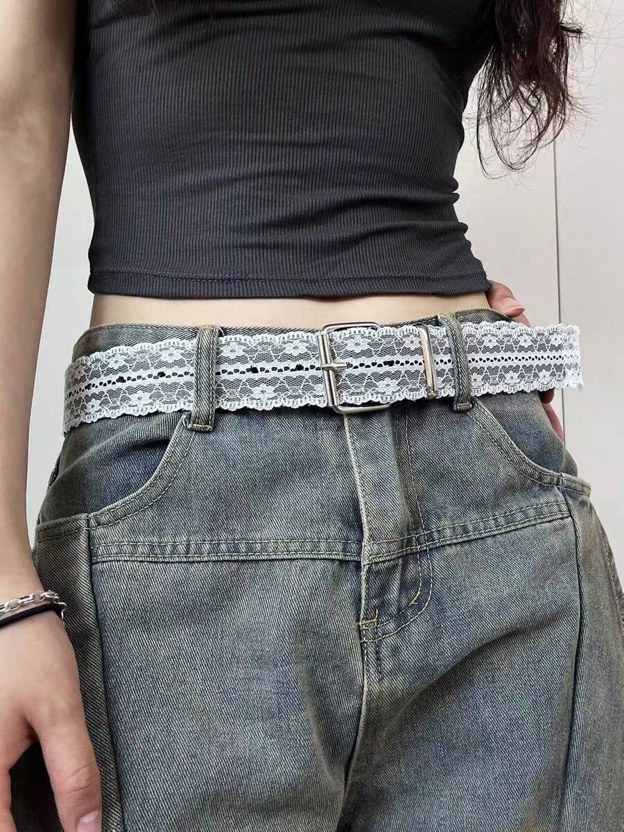French Lace Trim Patchwork Women's Belt, Sweet Style Design, INS Fashion Waist Belt For Skirts And Jeans - White - View 1