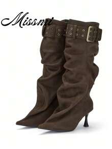 New Ruched Tall Stacked Boots Pointed Toe Over-The-Knee High Boots Vintage Wide Shaft Riding Boots - Coffee Brown - View 1