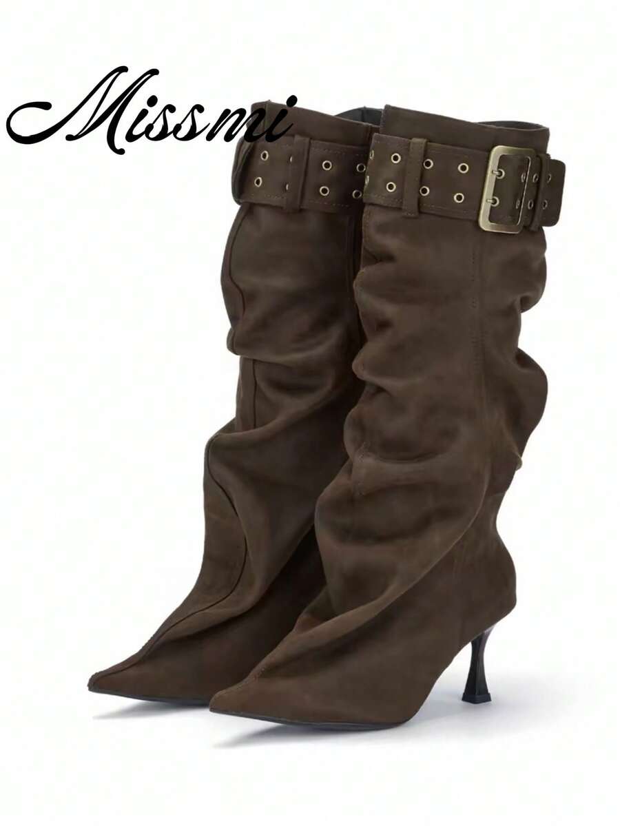 New Ruched Tall Stacked Boots Pointed Toe Over-The-Knee High Boots Vintage Wide Shaft Riding Boots - Coffee Brown - View 1