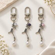 1pc/3pcs Women's Creative Oil-Drip Alloy Rose Pendant With Faux Pearl Charm Keychain, Gift For Friends And Couples, Personalized Bag Charm Wallet Accessory - Multicolor - View 7