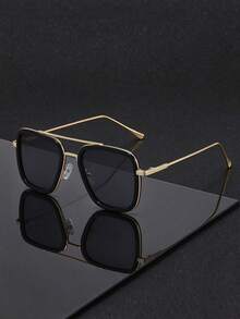 1pc Men's Fashion Glasses Cross-Border Double Bridge Aviator Frame New Style Cycling Driving Square Frame Slimming High-End Metal Frame - Retro - View 1