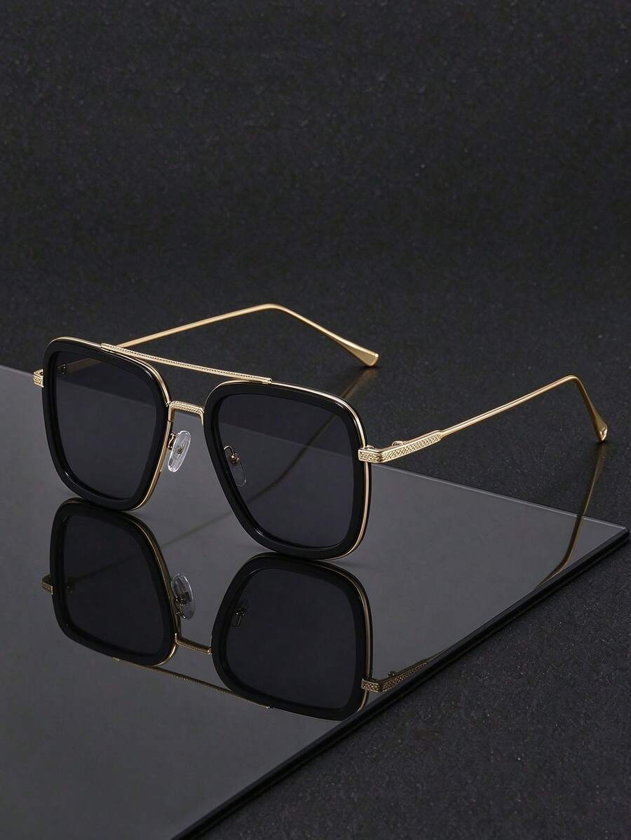 1pc Men's Fashion Glasses Cross-Border Double Bridge Aviator Frame New Style Cycling Driving Square Frame Slimming High-End Metal Frame - Retro - View 1