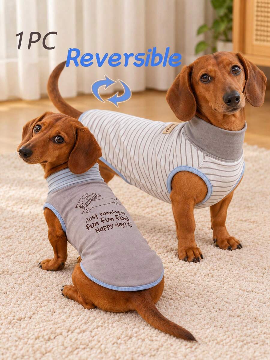 1pc Reversible Mini Dachshund Pet Pajamas, Cute Sausage Dog Cartoon Striped Print, Soft Elastic Warm Pet , Suitable For Mini And Standard Dackel Teckel Dogs