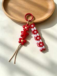 Red Five-Pointed Star Flower Keychain, Cute Style Bag Charm, Girly Bag Accessory, Ribbon Pendant - Multicolor - View 4