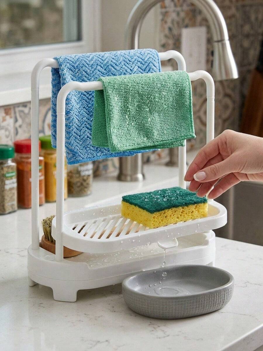 2/1pc Kitchen Sink Organizer Rack With Dish Cloth Hanging Bar And Water Tray, Black Sponge Holder For Countertop, Dish Cloth Drying Rack For Kitchen Organization, Plastic Dish Cloth Drying Rack With Drainage Tray, Double Layer Kitchen Sink Organizer And Sponge Holder, Countertop Storage Rack For Dish Cloth And Small Kitchen Storage, Also Suitable For Storage, Outdoor Garden Decor, Fan Decor - A - View 1