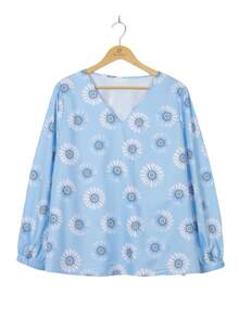 Plus Size Women's Long Sleeve V-Neck Floral Print Lantern Sleeve Blouse, Bohemian Style Printed Top - Baby Blue - View 2