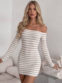 Women's Off-Shoulder Horizontal Striped Knit Bodycon Mini Dress, Minimalist Sexy Style Sexy Shoulder-Baring Dress - Apricot - View 5