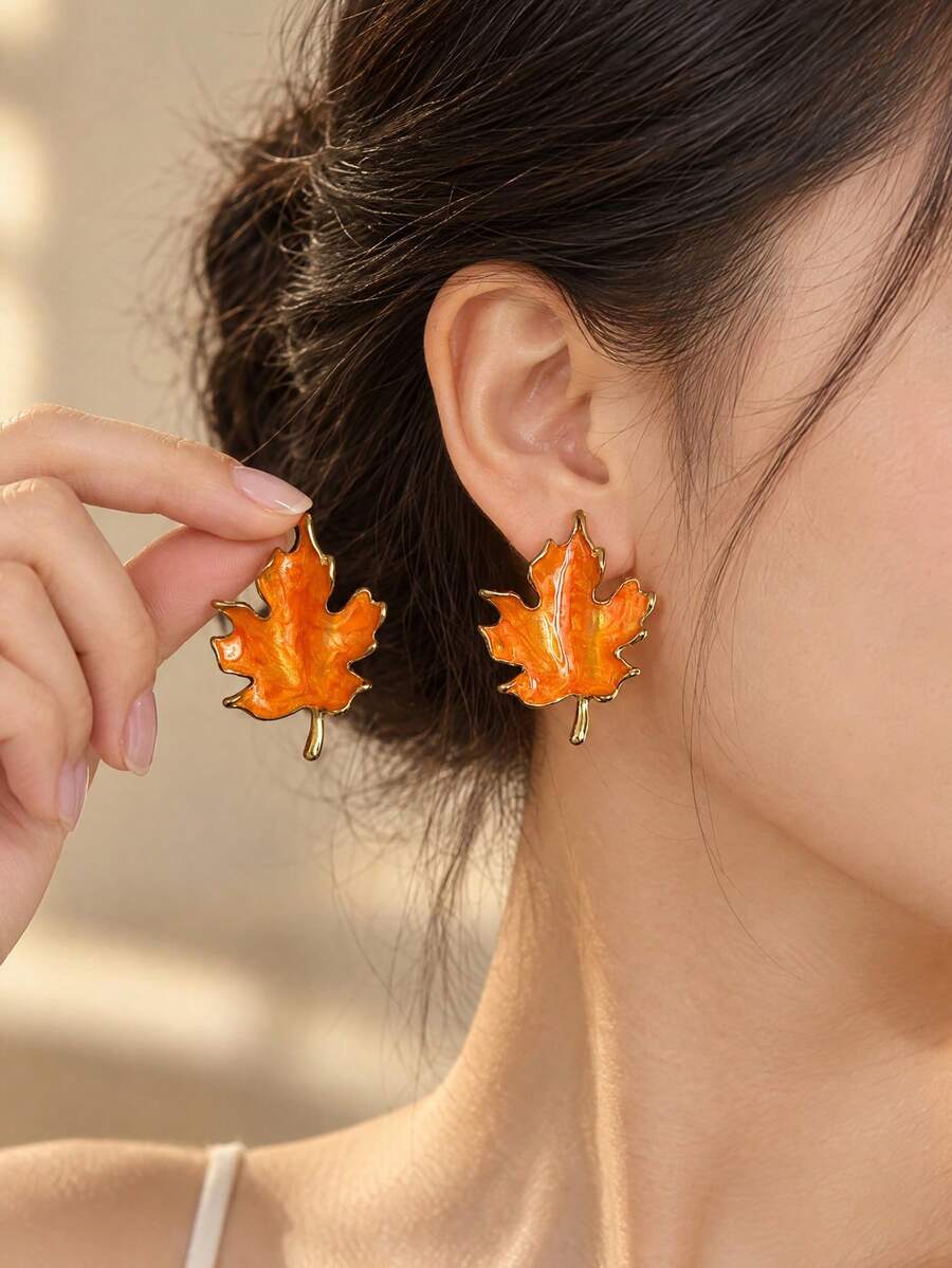 女款滴油楓葉垂墜耳環 金邊秋季落葉耳環 復古季節感誇張飾品 - 款式9 - 查看 1