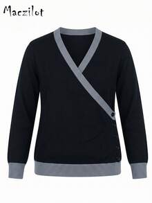 Plus Size Women Fall Winter Wrap V Neck Color Block Button Knit Sweater, Slim Fit Long Sleeve Pullover For Commute Date Daily Outing - Black - View 8