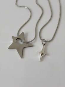 1pc/2pcs Punk Oversized Asymmetrical Hollow Star Pendant Stainless Steel Necklace, Men's Unisex Hip Hop Y2K Jewelry Necklace - Silver - View 6