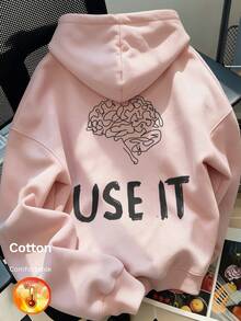 Women's Autumn/Winter Hooded Sweatshirt, Brain Pattern With "USE IT" Graphic, Y2K Style - Sand Red - View 2
