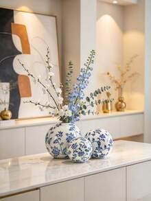 1PC Chinoiserie Blue & White Floral Sphere Ceramic Vase Set, Round Decorative Flower Vases For Living Room Entryway Balcony Home Decor - Blue and White Porcelain Round Vase - View 7