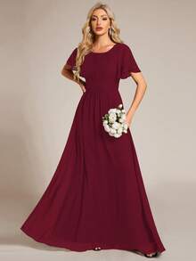 EVERPRETTY Gaun Bridesmaid Chiffon Burgundy Ukuran Plus yang Elegan, Gaun Panjang Anggun dengan Detail Kerut di Bagian Dada dan Lengan Pendek Berumbai, Cocok untuk Acara Formal - Burgundy - View 6