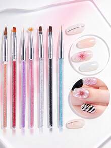 7Pcs Nail Art Brush Set With Rhinestone Handle, Crystal Liner Brushes For Nail Painting, Professional Nail Art Tools For DIY Manicure & Nail Salon - Multicolor - View 1