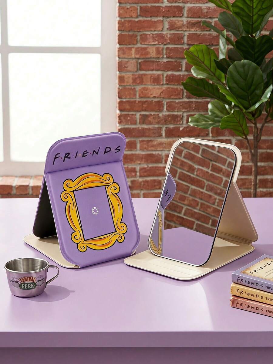 FRIENDS X POKOJA LAND 1pc Portable Foldable Mirror, Fashionable Cartoon Prints, Clear And High-Definition Reflection, Touch Up Your Makeup Anytime, Anywhere, Suitable For Women And Girls, Stylish And Practical - Multicolor - View 1