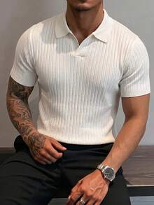男士夏季針織毛衣，時尚羅紋素色短袖，適合休閒運動 - 白色 - 查看 3