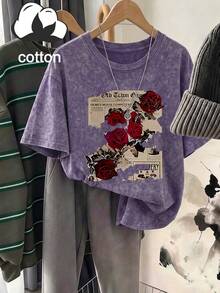 Plus Size Summer Casual Rose Newspaper Print T-Shirt Halloween Autumn Plus Size Clothing - Mauve Purple - View 11
