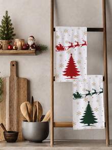 2pcs Gold Snowflake Christmas Tree Santa Claus Sleigh Reindeer Silhouette Pattern Kitchen Towels, 40*60cm Soft Microfiber Material Tea Towels, Suitable For Home Kitchen Restaurant Outdoor Camping Tabletop Cleaning Dish Cloth Hand Towel Accessories, Christmas Theme Kitchen Fabric Towels Holiday Gift - Multicolor - View 6