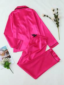 2pcs Satin Solid Color Pajama Set, Sweet & Cute Lapel Button Long Sleeve Top And Pants, Women's Sleepwear And Loungewear Suitable For Home Use - Hot Pink - View 2