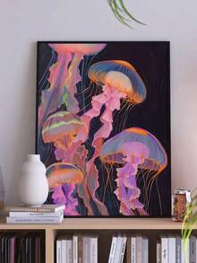 1 Piece Colorful And Dynamic Jellyfish Pattern Decorative Painting, Creative Wall Art, Suitable For Living Room, Dining Room, Bedroom And Other Spaces - Multicolor - View 1
