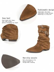 Women's Faux Suede Rivet Multi-Strap Buckle Pointed Toe Mid-Calf Chunky Heel Western Boots, Cool Retro Motorcycle Cowboy Boots, Autumn/Winter Brown - Brown - View 11