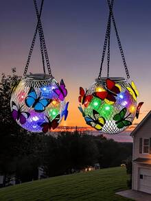 Glass Solar Hanging Light, Colorful Butterfly Decorative Lamp, Waterproof Auto On/Off LED Fairy Light, Outdoor Patio Garden Porch Hanging Decor, Christmas Halloween Party Yard Landscape Decoration - Round - View 7