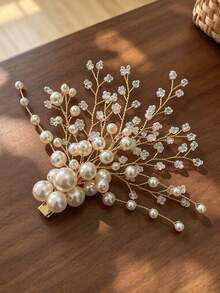 1pc Heavy Hand-Beaded Pearl Floral Branch Hair Accessory, Luxury High-End Bridal Headpiece, Exquisite Hair Clip For Wedding, Banquet, Party, Women's Updo - Multicolor - View 7