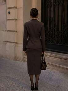 Elegant Women's Lapel Double-Breasted Blazer And Skirt Set, Suitable For Autumn Workplace Or Business Wear - Brown - View 3