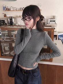 Korean Sexy Style Round Neck Short Curved Hem Slim Fit Long Sleeve Top Women Autumn/Winter Elastic Slim Fit Slimming Versatile Inner Layer Base Layer Knit Sweater - Grey - View 1