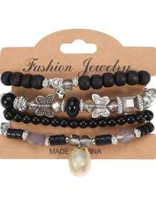 4 Pcs Bohemian Style Vacation Fashion Rice Bead Wood Bead Beaded Butterfly Shell Pendant Bracelet Set For Women Casual Versatile Bracelet Combination - Black - View 4
