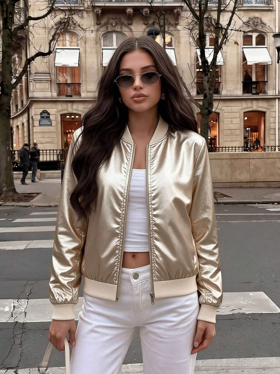 Women's Fashion Long Sleeve Woven Flight Jacket, Regular Length Full Zip Casual Outerwear - Champagne - View 1