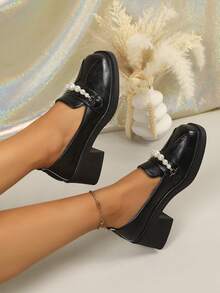 Women's Vintage Pearl Decor Chunky Mid-Heel Loafers, Metallic Square Toe Slip-On Loafers, Non-Slip Rubber Sole Party Outfit Shoes - Black - View 4