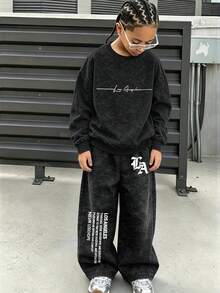 Teen Boys Vintage Fashion Minimalist Letter Graphic Print Crew Neck Textured Sweatshirt + Graphic Print Casual Wide Leg Pants, 2-Piece Set For Autumn/Winter Daily Wear - Black - View 1
