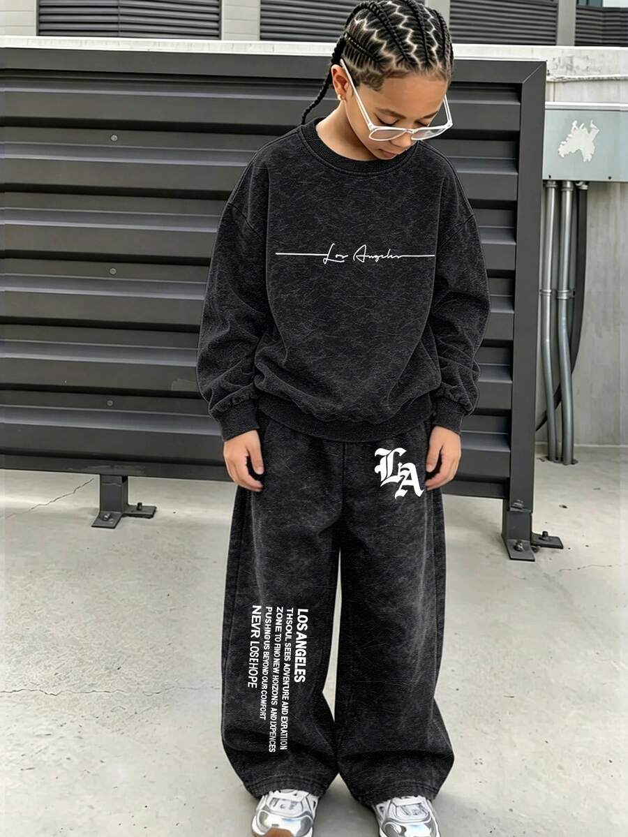 Teen Boys Vintage Fashion Minimalist Letter Graphic Print Crew Neck Textured Sweatshirt + Graphic Print Casual Wide Leg Pants, 2-Piece Set For Autumn/Winter Daily Wear - Black - View 1