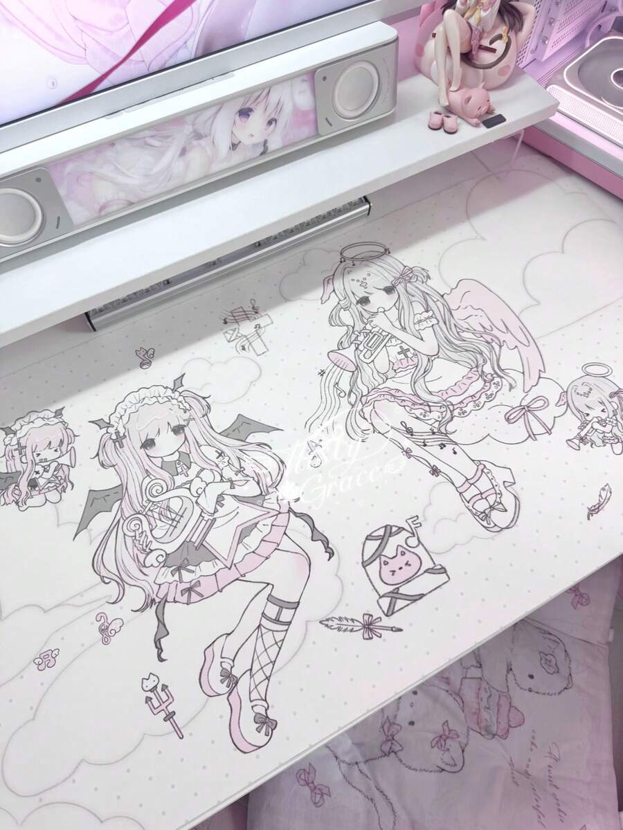 Alas Meja Kulit Besar Anime Angel & Devil Lolita, Alas Mouse PU Karakter Manga Garis Pink, Alas Pelindung Meja Anti Selip Tahan Air, Alas Dekorasi Meja Estetik untuk Ruang Belajar dan Bermain Game Anak Perempuan - View 1