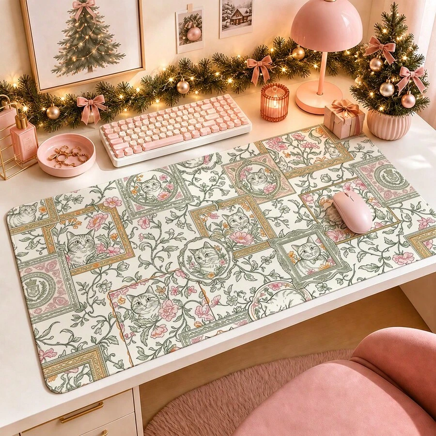 1pc Vintage Framed Floral Cat Desk Mat, Multi-Purpose Makeup Nail Art Table Pad, Large Non Slip Desktop Protector S/M/L/XL - View 1