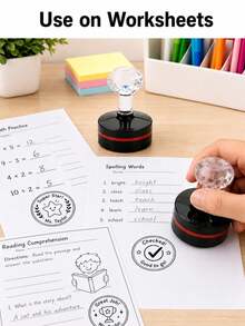 Personalized Teacher Stamp Self-Inking Custom Classroom Reward Stamp With Teacher's Name 12 Cute Styles Refillable Rubber Stamp For Grading Worksheets, Notebook Feedback School Supplies Size A 3.8x3.8cm Size B 4.2x4.2cm - Multicolor - View 3