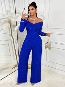 AIJ Women's Royal Blue Knitted One-Shoulder Long Sleeve Jumpsuit, Twisted Ruched Detail, Elastic Slim Fit Long Length Elegant Dress, Suitable For Party, Banquet, Formal Holiday Occasions, Christmas - Royal Blue - View 10