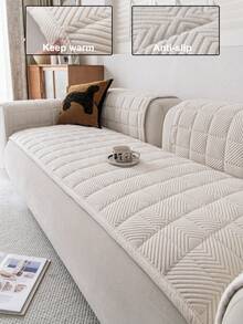 1pc Embroidered Plush Sofa Cover, Solid Color Nordic Style Thickened 3D Design Sofa Protector, Non-Slip Anti-Scratch Sofa Slipcover For Living Room, Bedroom, Study, 1/2/3/4 Seater With Armrest & Backrest - Beige - View 1