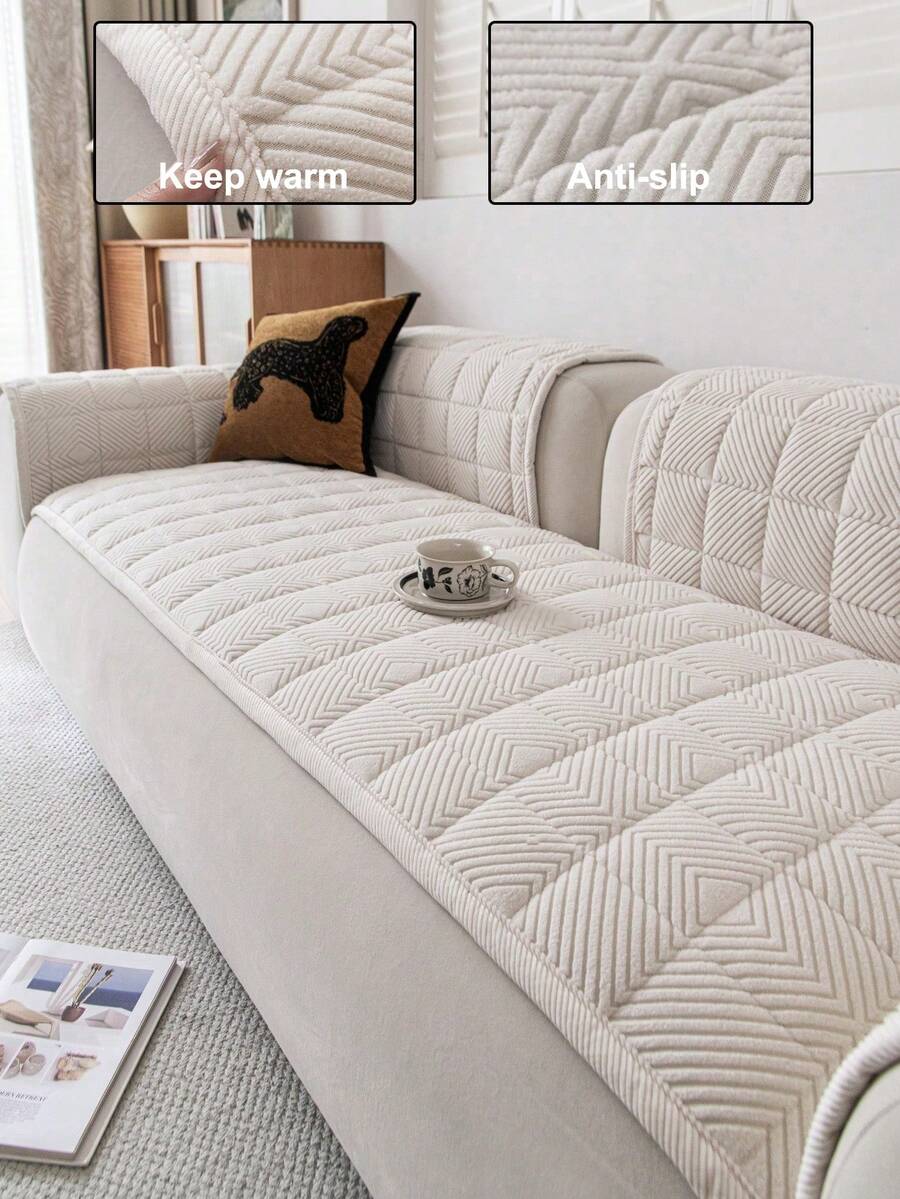 1pc Embroidered Plush Sofa Cover, Solid Color Nordic Style Thickened 3D Design Sofa Protector, Non-Slip Anti-Scratch Sofa Slipcover For Living Room, Bedroom, Study, 1/2/3/4 Seater With Armrest & Backrest - Beige - View 1