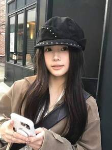 1pc Japanese Style Niche Vintage Rivet Asymmetrical Round Top Octagonal Cap Women Spring Autumn Travel Personalized Street Duck Bill Newsboy Hat - Multicolor - View 1