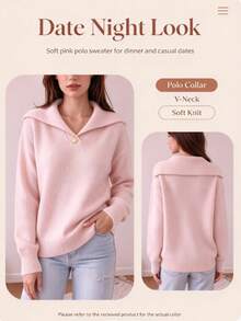 Plus Size Women's Plush Turn-Down Collar Knit Top, Loose Long Sleeve Pullover Sweater, Slim Fit Casual Commute Sweater For Autumn/Winter - Baby Pink - View 10