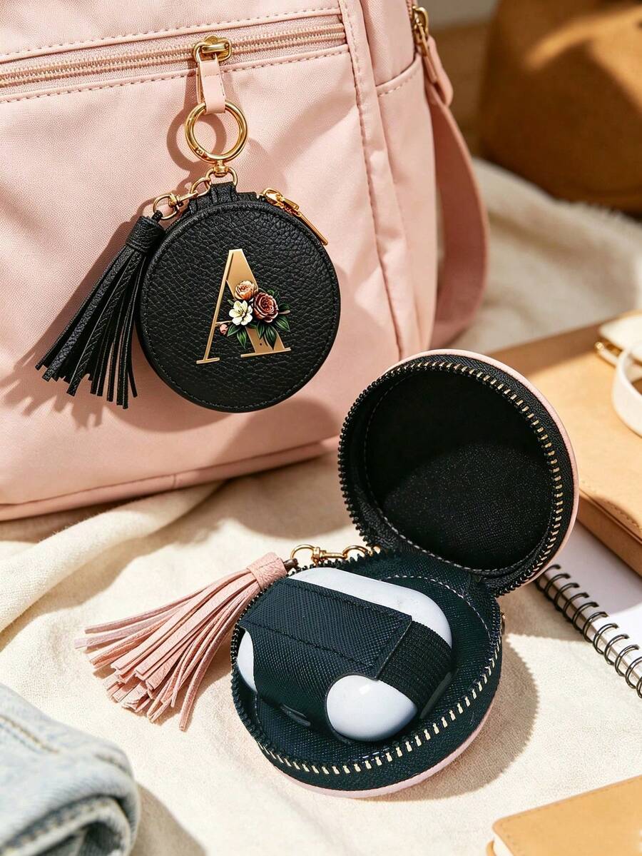 Unisex Multi-Functional Key Pouch, Earphone Bag, Data Cable Organizer, With Gold 26 Letters A-Z Pattern, Zipper Key Storage Bag, Floral Pattern Design, PU Faux Leather Organizer Bag, Zipper Pouch, Car Key Storage Bag, Car Key Chain, Portable Compact Key Pouch, Minimalist Design, Travel Accessory, Elegant Jewelry, Suitable For Home, Office, Travel, Car, Suitable For Men And Women, Ideal Gift For Friends, Family, Mother's Day - Multicolor - View 1